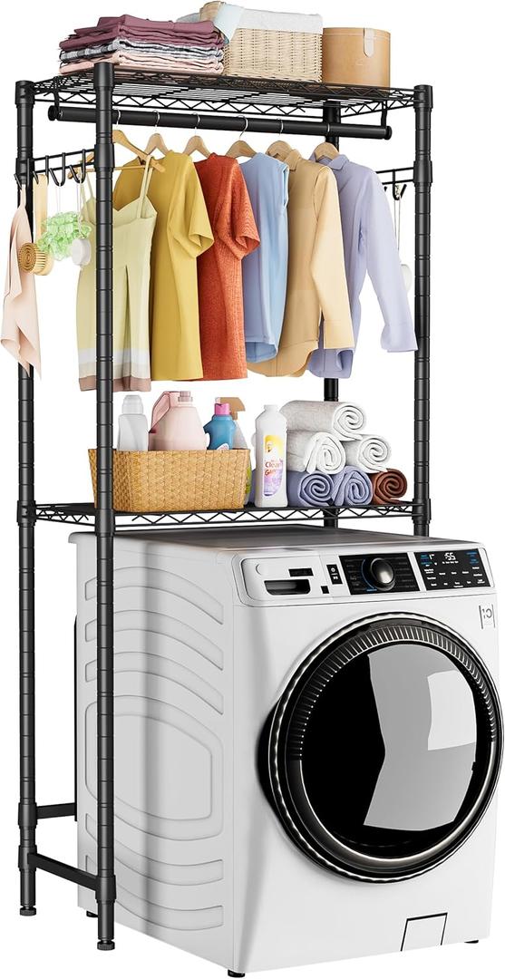 Over Washer and Dryer Shelves,2 Tier Adjustable Height Wire Shelving Laundry Room Storage Organization Clothes Drying Rack with Hanger Rod&Hooks,Space Saving Organizers Shelf,Black (13.5D x 29.5W x 72H)