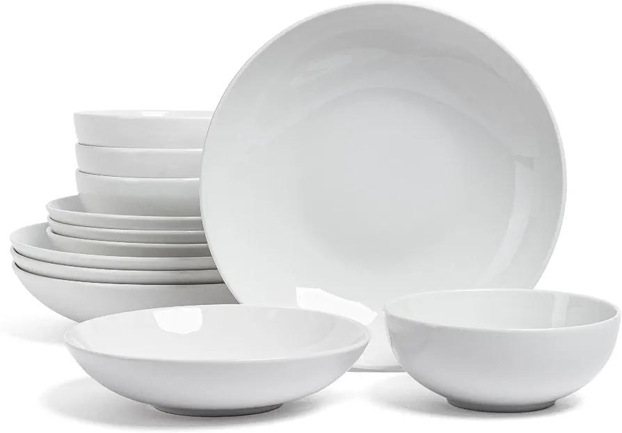 over&back Coupe Dinnerware Bowl Set - Porcelain Dishes - Comes with 4 Pasta Bowls, 4 Cereal Bowls, and 4 Dinner Bowls - 12-Piece All-Occasion Place Settings - Glossy White