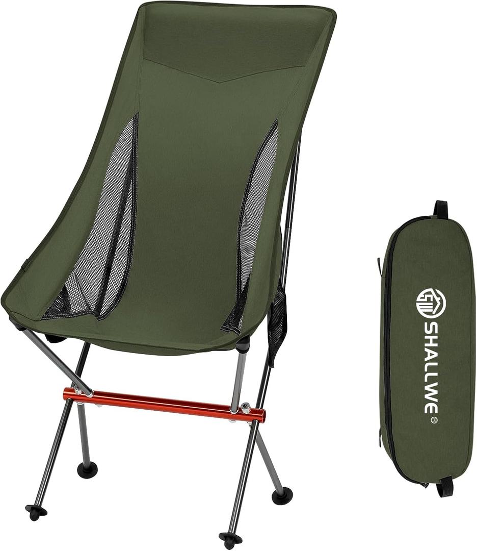 SHALLWE Camping Chairs, All Aluminum Frame Portable Folding Camp Chair for Adults, Heavy Duty High Back Collapsible with Built-in Pillow, Side Pocket, Carry Bag for Backpacking, Hiking, Beach (54cm Green)