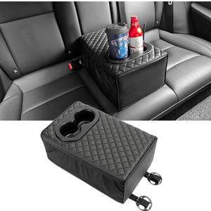 MAIKER Universal Car Rear Seat Armrest 2 Row Console Box with Cup Holder Backseat Arm Rest Console Box Second Row Rear Central Armrest Box(Black-Double Pockets)