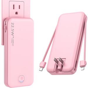 Portable Charger, 12000mAh 22.5W Fast Charging Power Bank with Built-in Cables & Wall Plug, Travel Essentials External Battery Pack, USB C Battery Phone Charger for iPhone, iPad, Samsung Pink