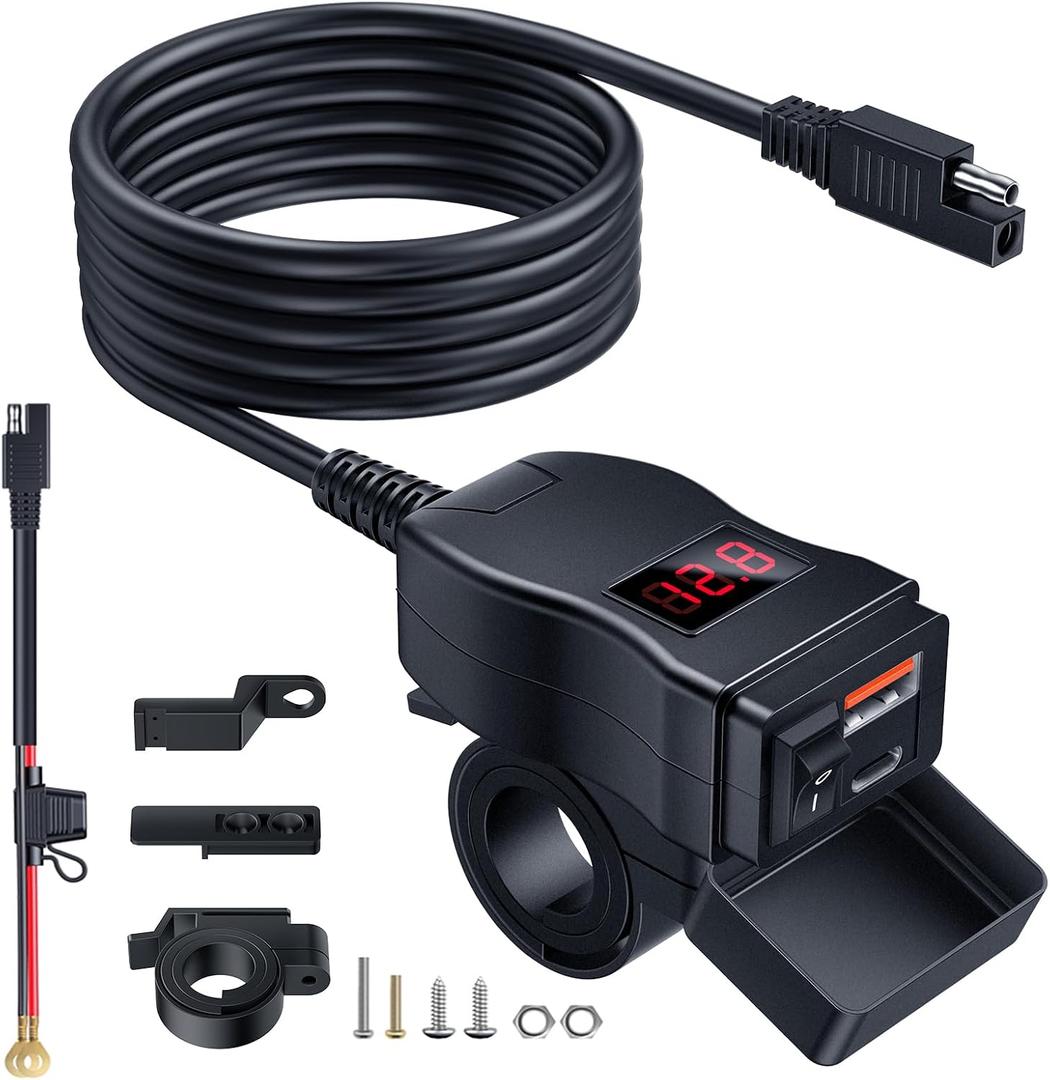 EXTRACTME Motorcycle USB Charger, Dual USB Type C PD & Quick Charge 3.0 Motorcycle Phone Charger with Voltmeter & ON/Off Switch, Waterproof Motorcycle Accessories for All Phone, Tablet, GPS