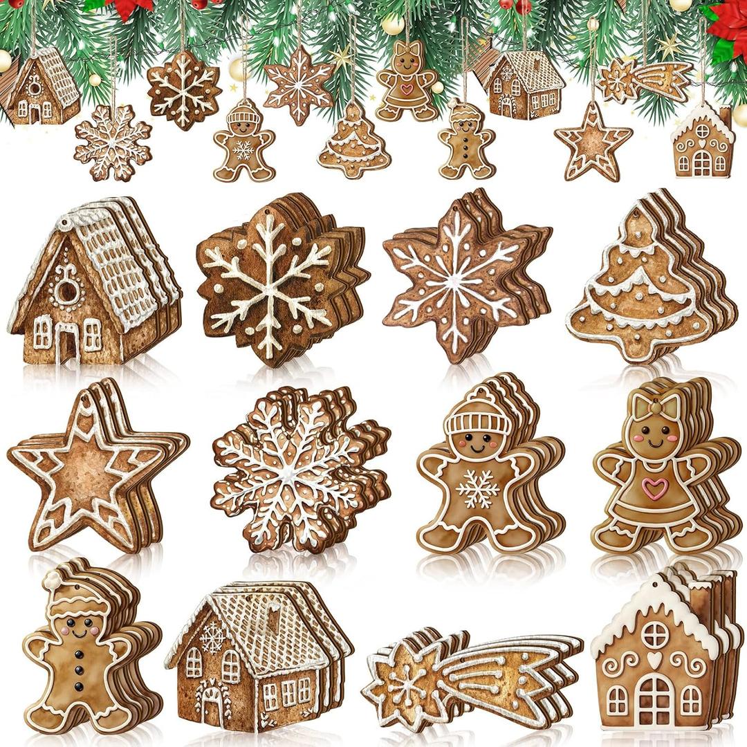 Quzzil 36 Pcs Christmas Gingerbread Ornaments for Tree Mini Snowflake Wooden Hanging Winter Xmas Ornaments with Ropes for Christmas Party Holiday Winter Crafts(Brown,Gingerbread House)