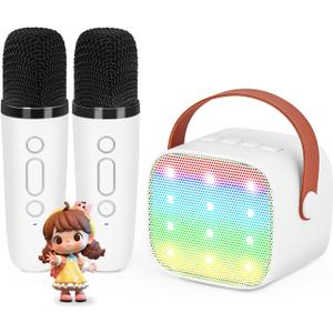 Mini Karaoke Machine with 2 Wireless Microphones for Kids, Kids Toys for Girls and Boys, Portable Bluetooth Speaker Gift for Girls 4, 5, 6, 7, 8+ Year Old Birthday Party(White)