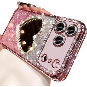 Glitter Mirror Case for iPhone 17 Pro Max, Cute Luxury Diamond Heart Makeup Mirror Bling Sparkly Rhinestones with Camera Protector TPU Bumper Women Girls Case for iPhone 17 Pro Max 6.9", Pink