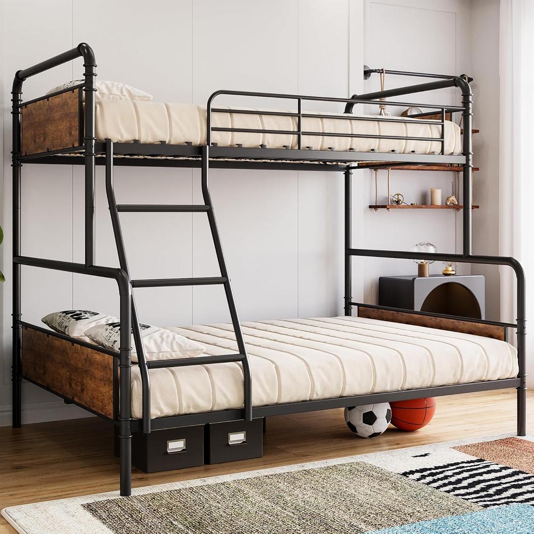IDEALHOUSE Bunk Bed Twin Over Full Size with High Guardrail and Ladder,Twin Size Convertible Metal Bunk Beds for Kids/Teens/Adults,Easy Assembly, No Box Spring Needed,Vintage Brown