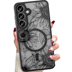 Changjia for Samsung Galaxy S25 Magnetic Floral Case, [Compatible with Magsafe] Cute Black Flower Phone Case for Women Girls TPU Bumper Translucent Shockproof Protective Case for Galaxy S25, Sunflower