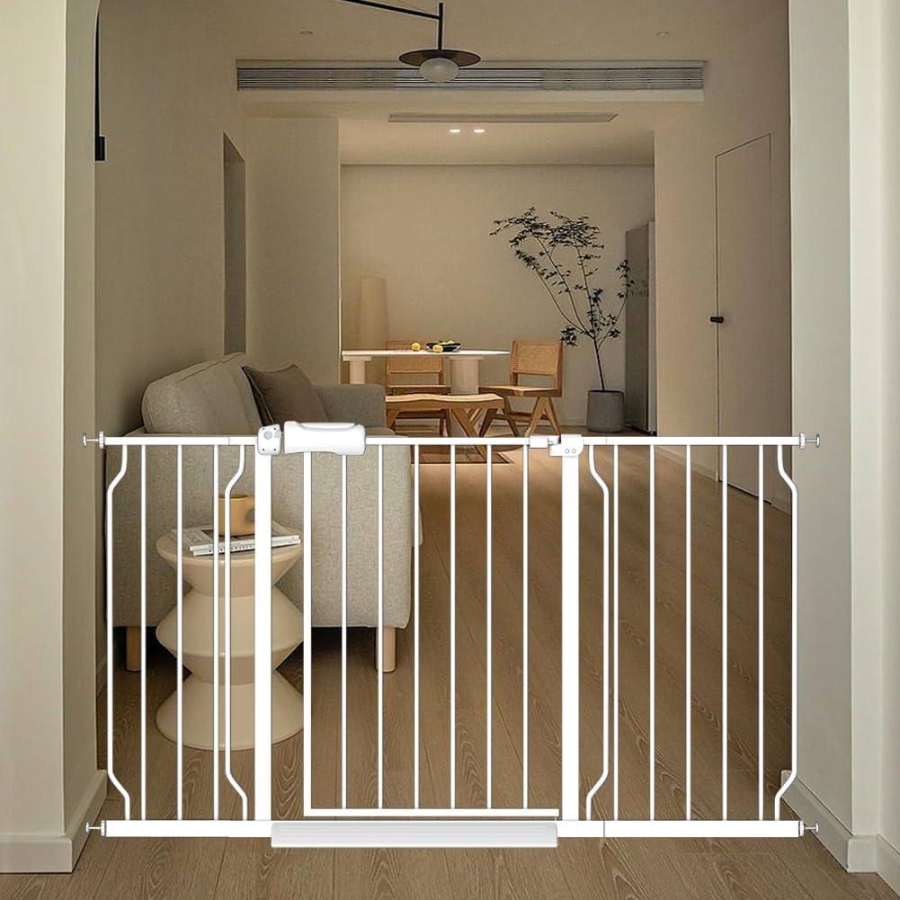 White Extra Wide Baby Gate 53-57.5 inch for Doorways Stairs Pressure Mount Baby Gate Automatic Close Child Dog Pet Safety Toddler Gates with Extensions