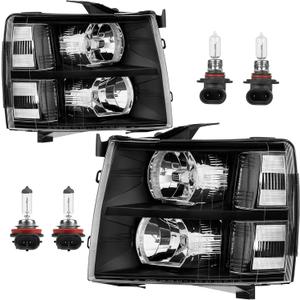Headlight Assembly Compatible with 2007-2013 Chevy Chevrolet Silverado 1500 2500HD 3500HD Front Lamp with Bulb Black Housing/Clear Lens/Clear Corner (Black/Clear/Clear)