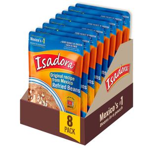 Isadora Original Refried Beans in Pouch (Pack of 8), Delicious Refried Pinto Beans, Microwave Food Premade Meals, Plant Based Protein,15.2 oz, No BB Date