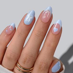 BTArtbox French Tip Press On Nails - Sweet Hour, Easy-to-Apply Blue Bow Short Almond Press On Nails with Glue and Adhesive Tabs in 16 Sizes - 32 Nails All-in-One Kit
