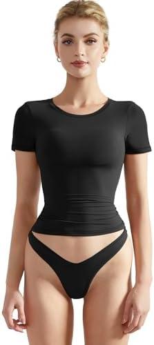 SUUKSESS Women Double Lined Fitted Basic Tee Crew Neck Short Sleeve Y2K Crop Top Size XL