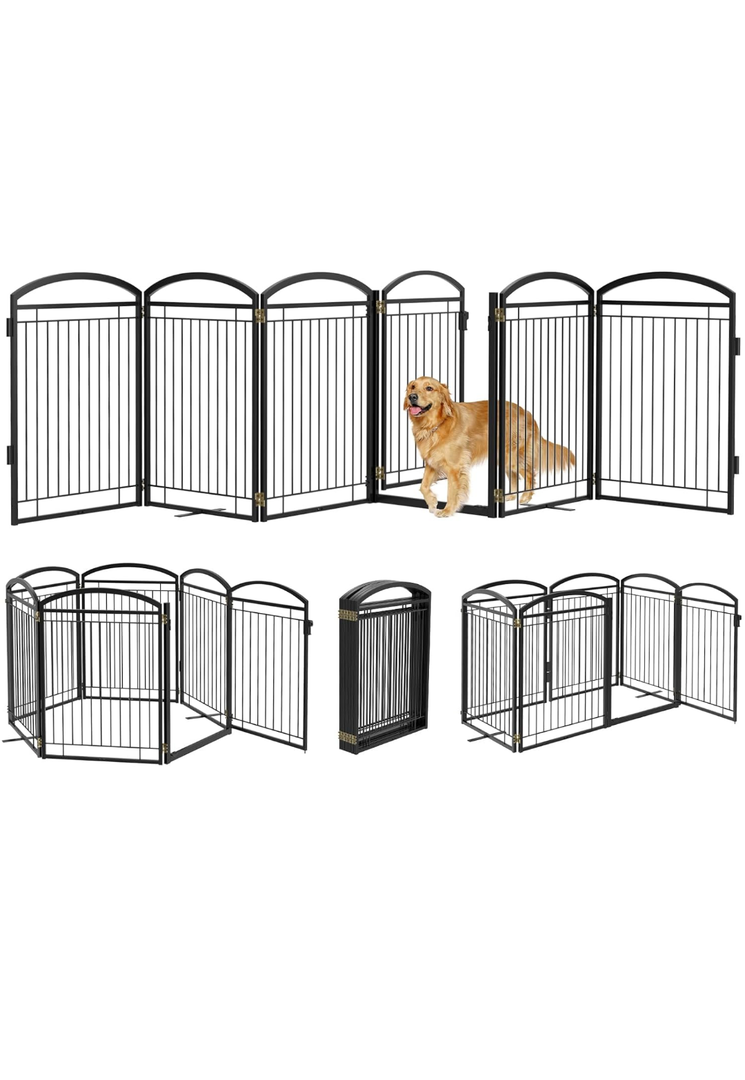 Full Metal Free Standing Dog Gate with Door for Indoor Outdoor, 144'' Extra Wide 36'' Tall Dog Gate for Doorways,Large Openings,Decks,Freestanding Portable Pet Fence(6 Panels,Black)