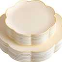 supernal 60pcs Ivory Gold Plastic Plates, Elegant Scalloped Disposable Dinnerware Set (30 Dinner & 30 Dessert Plates) - Heavy Duty Cream Floral Plates for Wedding, Bridal Shower, Mother's Day&Parties