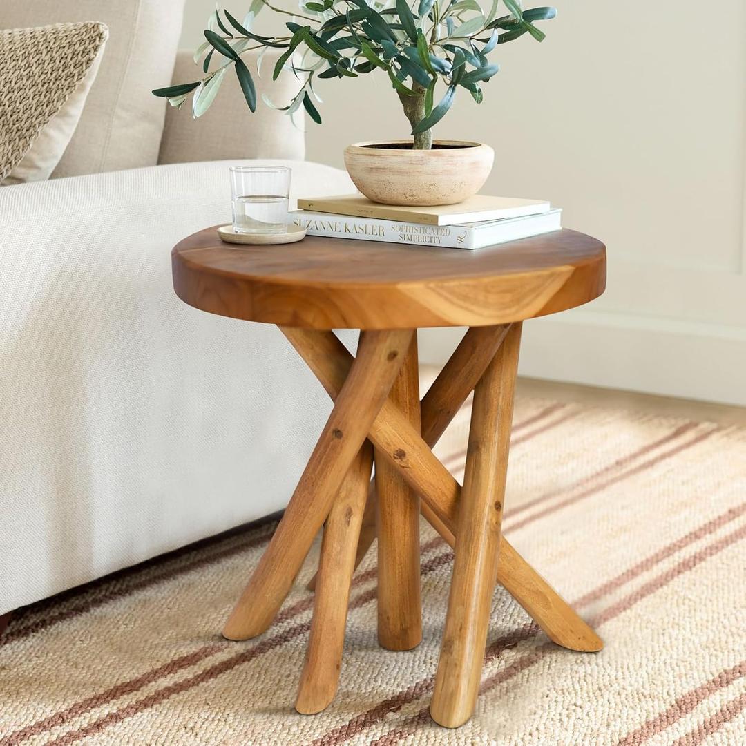 11.8" Round Wood Plant Stand | Teak Stool with Stick Leg | Accent Stool | Small Side Table for Living Room, Bedroom, Yard