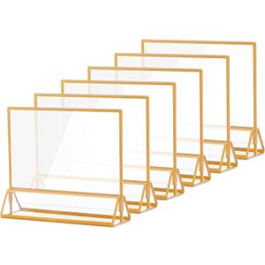6 x 4 Horizontal Acrylic Sign Holder with Gold Borders, Clear Double Sided Table Menu Stands Picture Frames for Wedding Table Numbers, Restaurant Signs, Photos and Art Display - Pack of 6 