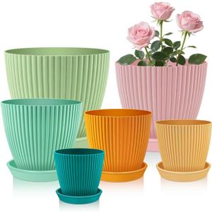 SupKing Plant Pots with Drainage Saucers 7.5/6.7/6/5/4/3.5 Inch Set of 6,Plastic Flower Pots Planters with Multi Mesh Drainage Holes Multicolor Nursery Planting Pot for Indoor Outdoor Garden Plants