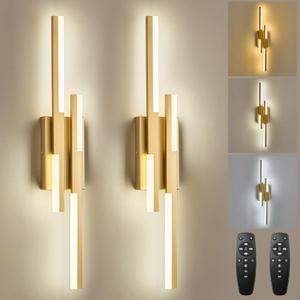 Modern LED Vanity Lights Set of 2, Gold Wall Sconce with Remote Control Dimmable Indoor Wall Light Bedside Remote Sconce for Bedroom Bathroom Living Dining Room (27.6inch 2 Pack)