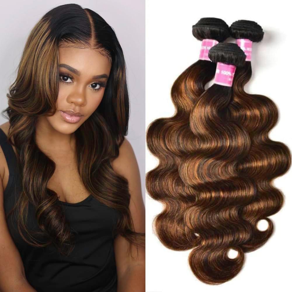 KLAIYI Ombre Brown Highlight Body Wave Human Hair Extensions 3 Bundles of 16 18 20Inch Balayage Honey Blonde Virgin Hair Weaves for Women Double Wefts Wavy Remy Hair with Dark Roots Sew In Piano Color