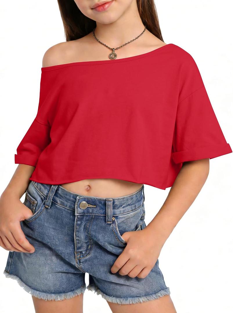Girls Off The Shoulder Tops Short Sleeve Oversized T Shirts Rolled Cuffs Loose Fit Crop Tops for Kids, R ed, 13-14 Years