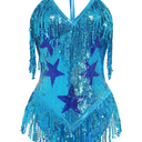 IMEKIS Women Sparkle Stars Fringes Bodysuit Concert Rave Outfit Shiny Music Festivals Halloween Cosplay Alien Costumes S