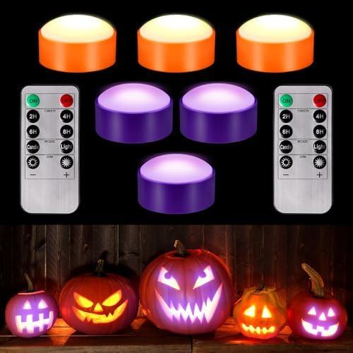 Riakrum 6 Pieces Thanksgiving Day Pumpkin Lights with Remote and Timer LED Pumpkin Lights Battery Operated Pat Jack O Lantern Bright Flameless Candles(Orange, Purple)
