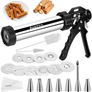 Churro Maker Machine, Stainless Steel Churros Gun Kit, 3-in-1 Multifunctional Cookie Press Hollow Churro with Piping Bag, 7 Piping Nozzles, 9 Cookie Discs & 2 Brushes, Easy to Clean