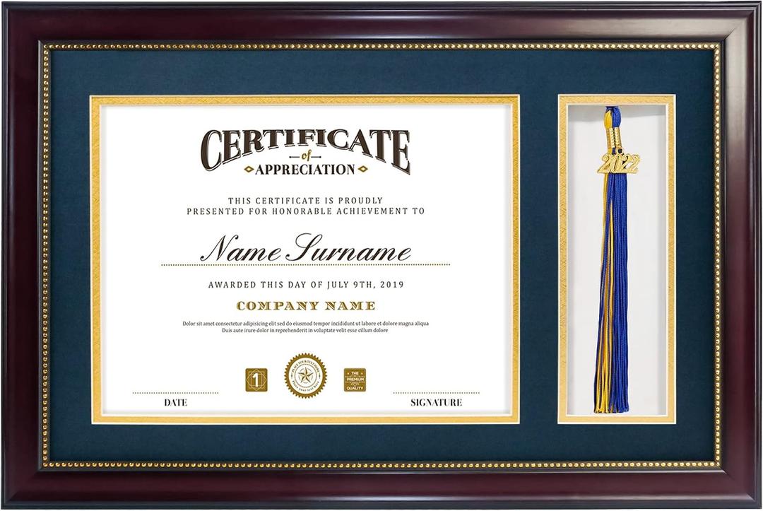 GraduatePro 11x17 Diploma Frame with Tassel Holder for 8.5x11 Certificate Shadow Box, Mahogany Gold Rim with Double Mat Navy Over Gold, Real Glass