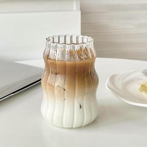 Vintage Ribbed Glassware Water Tumbler, 18 oz Aesthetic Ripple Glass Tumbler, Ripple Glassware Coffee Cup, Cute Glass Tumbler for Iced Coffee Juice Drink Milk (big stripes-Small Mouth)