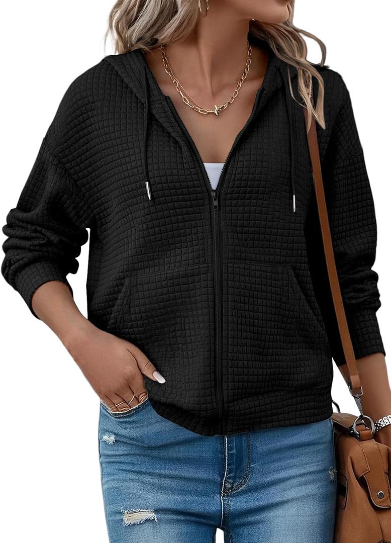 SHEWIN Womens Zip Up Hoodies Oversized Sweatshirt Fall Fashion Outfits 2026 Casual Waffle Hooded Jackets, Size: XX-Large