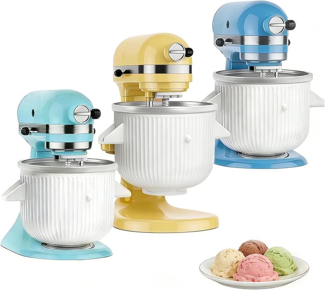 Ice Cream Maker Attachment for KitchenAid 4.5/5QT & 6QT Mixers, Frozen Ice Cream & Sorbet Gelato Maker for KitchenAid, 2 Quart, White, Not Dishwasher Safe