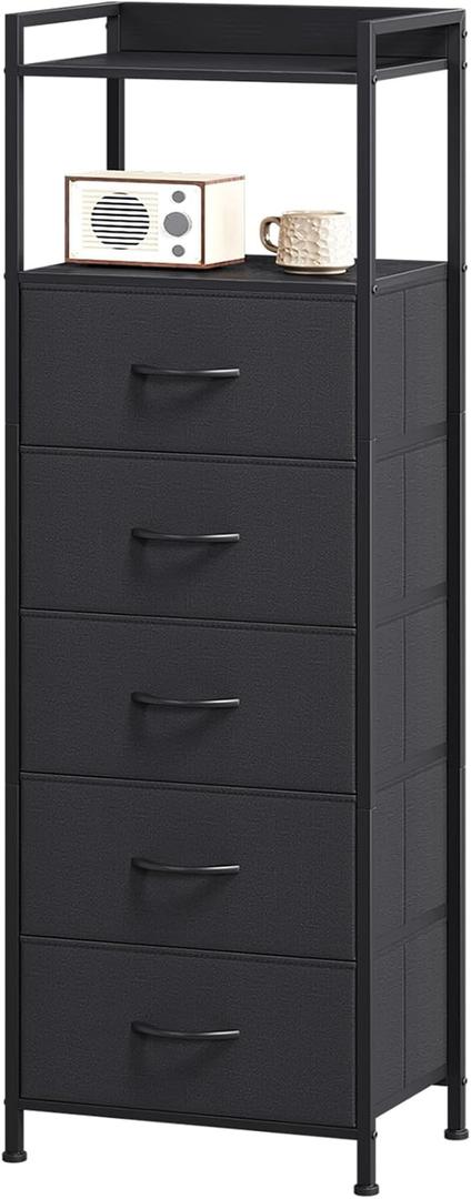 Somdot Tall Night Stand for Bedroom,Tall 5 Drawers Dresser, Vertical Storage Tower Unit, Nightstand Furniture with Fabric Drawer Organizer in Bedside Kids Dorm Room Closet Laundry Entryway,Black