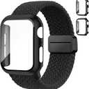 Braided Bands and Case for Apple Watch Bands for Women 40mm 44mm 46mm 42mm 45mm 41mm 38mm Men,Magnetic Nylon Sport Stretchy Solo Loop Elastic Strap with Cover for iWatch Series 11 10 9 8 7 6 5 4 3 SE, Black