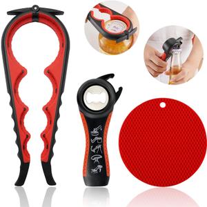 Jar Opener for Weak Hands, Seniors with Arthritis, 5 in 1 Multi Function Bottle Opener Lid Opener For Arthritic Hands with Non Slip Rubber Jar opener Gripper Pad (Red)