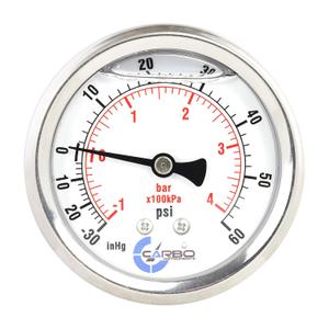 1-1/2" Pressure Gauge, Stainless Steel Case, Chrome Plated Brass Connection, Lqiuid Filled, Compound Vacuum -30 Hg - 0-60 psi Back Mount 1/8" NPT
