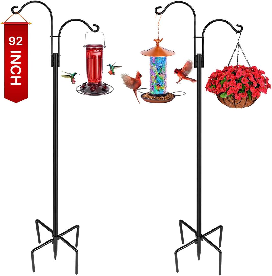 XDW-GIFTS Double Shepherds Hooks for Outdoor, 2-Pack Heavy Duty Garden Pole for Hanging Bird Feeder, Plant Baskets, Solar Light Lanterns, Garden Plant Hanger Stands with 5 Base Prongs (92 Inch)