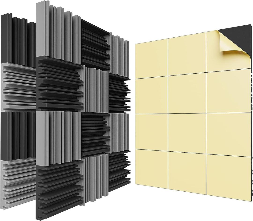 36 Pack Self-Adhesive Sound Proof Foam Panels,12 X 12 X 2 inches Acoustic Foam,High Resilience Sound Proofing Padding for Wall,Sound Absorbing Panels Suitable for Home Studios, Offices - Black & Gray