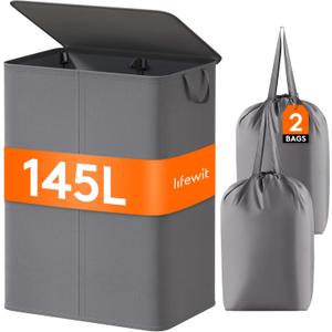 Lifewit 145L Laundry Basket with Lid, Large Double Laundry Hamper 2 Section Dirty Clothes Hamper for Bedroom with 2 Removable Laundry Bags, Grey (Gray)