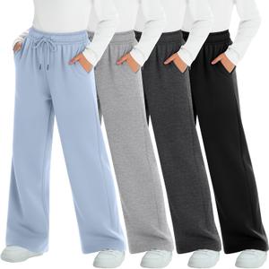 4 Pack Girls Sweatpants 5-14 Years Straight Elastic High Waist Baggy Pants Drawstring Wide Leg Pants Teen Pockets (Large, Light Blue, Light Gray, Dark Gray, Black)