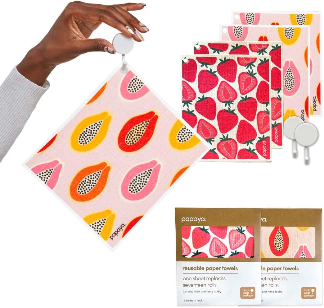 Papaya Reusable Paper Towels 4-Pack - 4 Sheets + 2 Hooks, Quick Drying, No Odor, 1 Sheet Replaces 17 Rolls, Washable Kitchen Cloth, Sustainable Dish Sponge, Eco Friendly Gift (Fruit Cocktail)