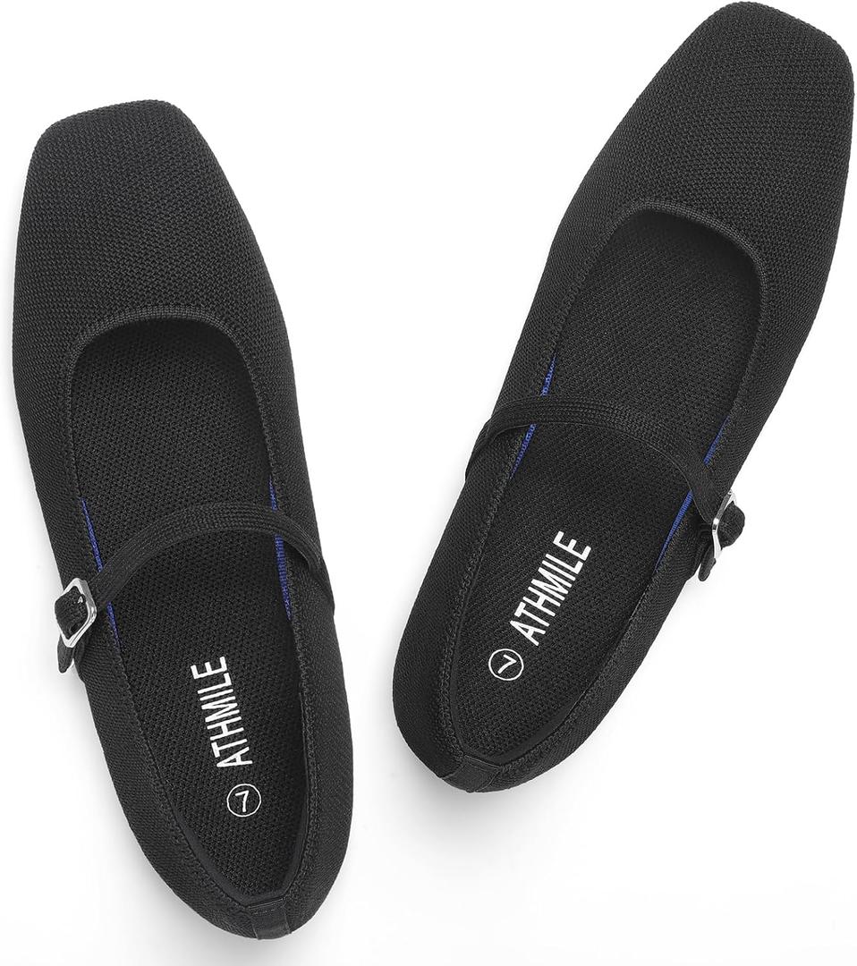 ATHMILE Square Toe Ballet Flats Mary Janes Shoes Women with Padded Heel & Adjustable Strap, Knit Slip-On Flats for Women for Office, Dressy & Casual, Machine Washable for Easy Care, Size 9 