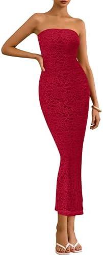 BTFBM Women Strapless Lace Formal Maxi Dress Summer Bodycon Tube Back Slit Cocktail Vacation Beach Wedding Guest Dresses, L, Red