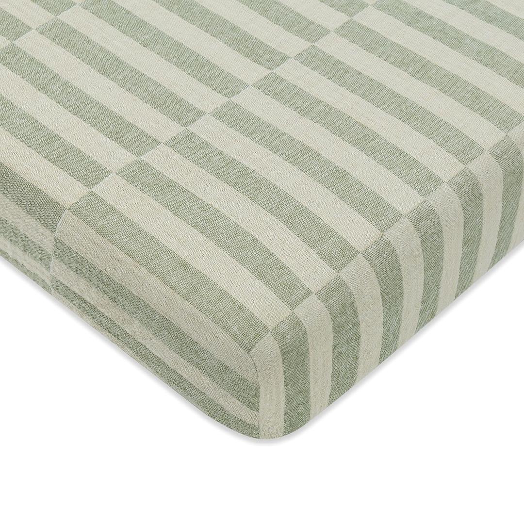 Babyletto 100% Organic Cotton Mini Crib Sheet, GOTS-Certified, Fitted 360, Ultra-Soft and Breathable Muslin - Moss Green Offset Stripe
