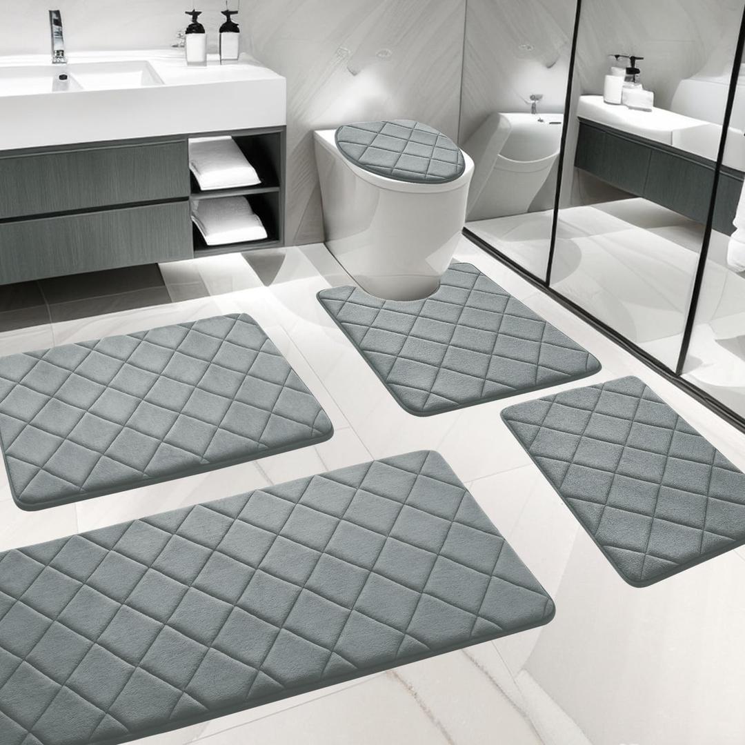 YIHOUSE Bathroom Rug Set 5 Piece, Soft Non Slip Memory Foam Bath Mat, Machine Wash Bathroom Mat Set, Water Absorbent Bath Mats for Toilet and Floor (Light Grey)