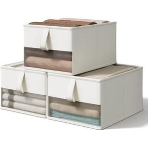 Vailando Foldable Storage Bins with Clear Window, Fabric Organizer for Closet, Shelves & Cubes - Breathable, Odor-Free Storage Boxes for Towels, Clothes, Toys, Books - 14.75"x10.25"x8", White, 3-Pack (Medium)