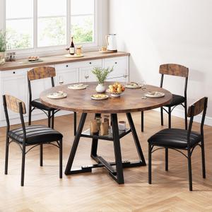 Round Dining Table Set for 4, Kitchen Table and Chairs for 4, Circle Table Round Pedestal Dining Room Dinner Dinette Table Set,5 Piece Space Saving Wood Kitchen & Dining Room Tables Set Furniture (Vintage)