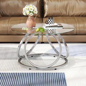 O&K FURNITURE Silver Coffee Table, Modern Glass Coffee Table Living Room Table with Ring-Shaped Frames, Glass Coffee Table for Home&Office, Chrome Finish, 1 PC | Modern, Living Room Table, Glass Coffee Table, Home&Office, 1 PC, 31.9"D x 31.9"W x 17.7"H
