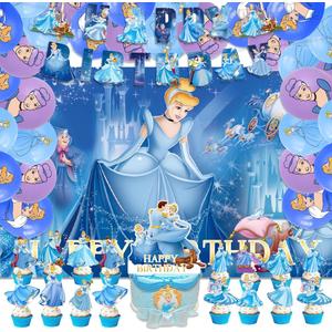 42pcs Cinderella Party Supplies Pack IncludesBannerCake TopperBlackdrop,Balloons for Cinderella party Decoration