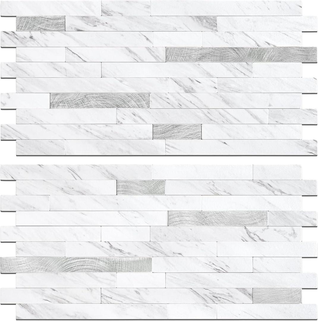 STICKGOO 2 Sheets Peel and Stick Backsplash Tile, Stick on Backsplash for Kitchen and Bathroom, White Marble Look PVC Mixed Metal Silver Self Adhesive Wall Tiles
