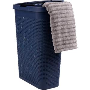 Mind Reader Slim Laundry Hamper with Lid, 40L Clothes Basket, Narrow Tapered Design with Ventilated Cutout Pattern, Plastic, Navy